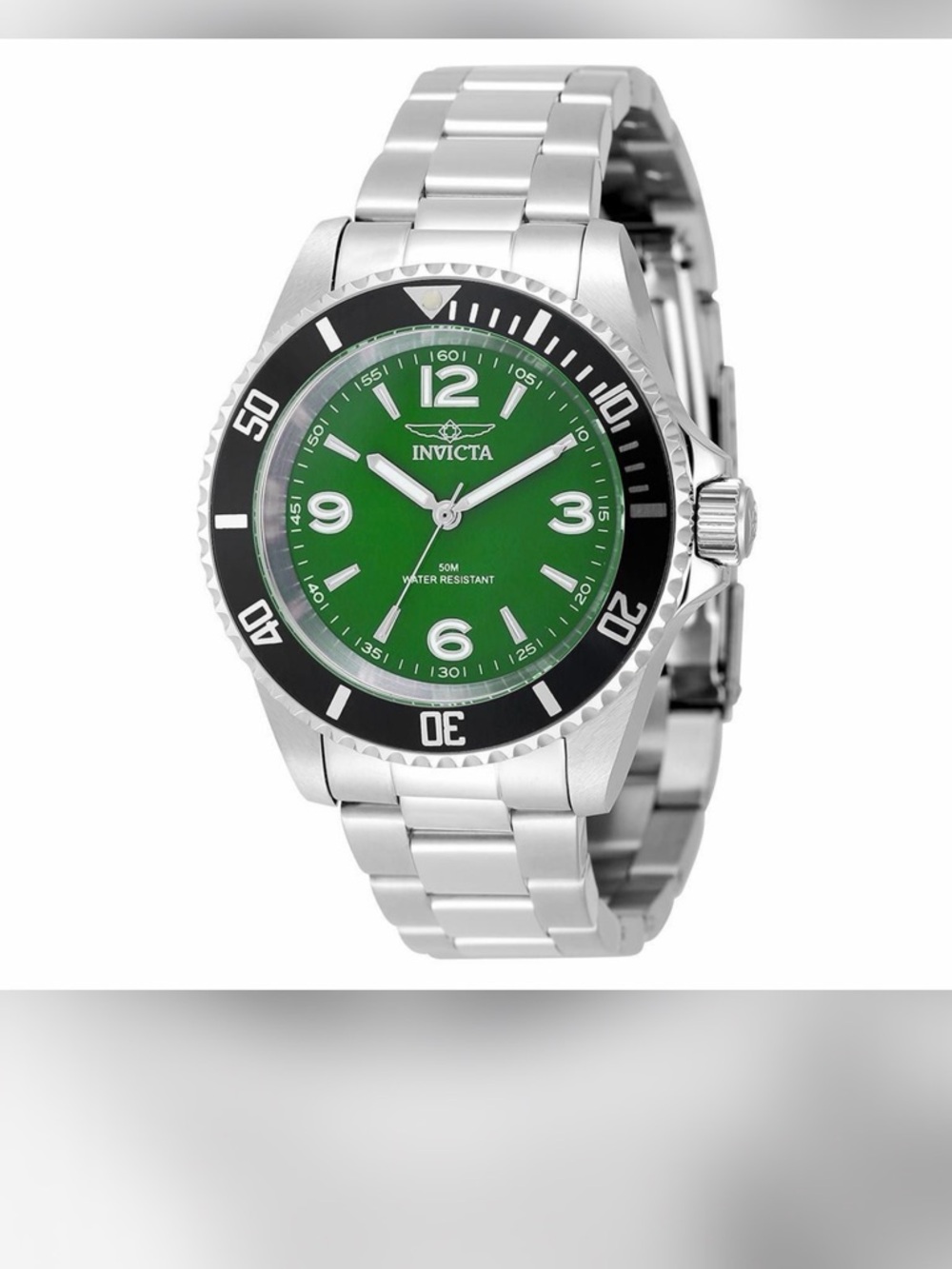 Invicta Silver Watch with Green Dial and Black Bezel